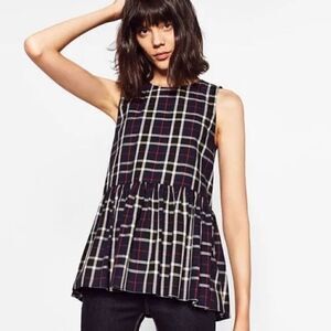 Zara Trafaluc Collection Sleeveless Plaid Checked Peplum Tunic Top Navy Women XS
